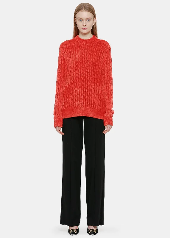 Red Knit Sweater Ribbed Striped Patterned