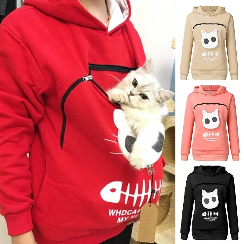 Women Hoodie Sweatshirt With Cat Pet Pocket Design Long Sleeve Sweater Cat Outfit Lightweight Heavyweight Midweight