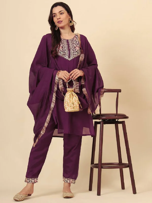 Purple Designer Readymade Pant Suit With Embroidery Work Cozy Jogger Leggings