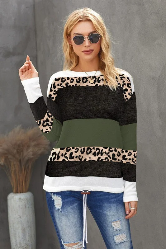 Color Block Leopard Sweater - Green Beaded Sweater Sequined Faux Fur