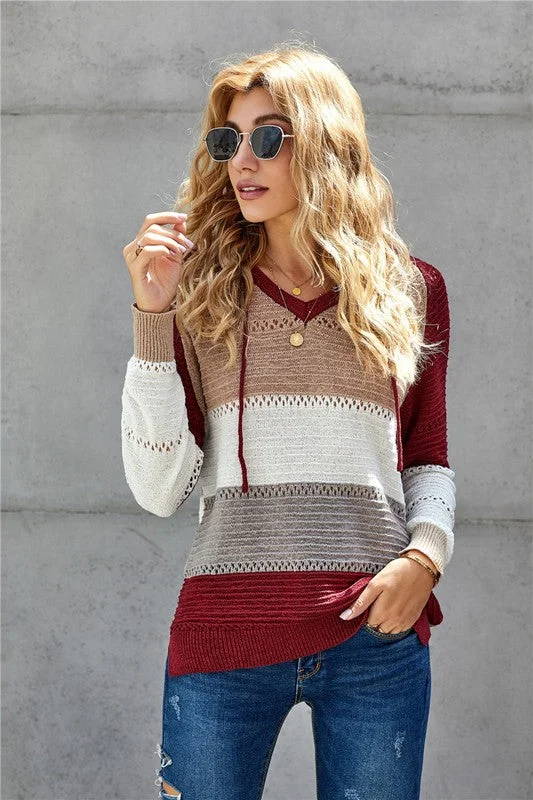 Sweater Hoodie - Red Mix Lace Blend Ribbed Blend Corduroy Blend
