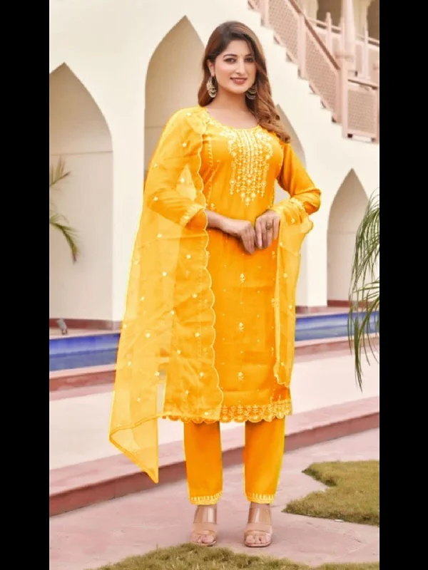 Yellow Designer Function Wear Readymade Pant Suit With Embroidery Work Trendy Wide-Legged Trousers Yellow Designer Function Wear Readymade Pant Suit With Embroidery Work Trendy Wide-Legged Trousers