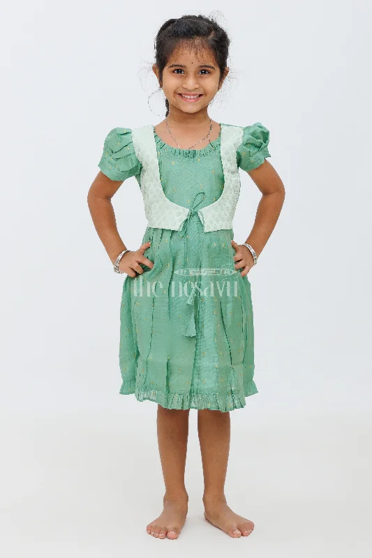 Girls Green Viscose Silk Long Frock with Embroidered Jacket and Puff Sleeves for Cultural Events Zippered Jacket Buttoned Jacket Snapped Jacket Girls Green Viscose Silk Long Frock with Embroidered Jacket and Puff Sleeves for Cultural Events Zippered Jacket Buttoned Jacket Snapped Jacket