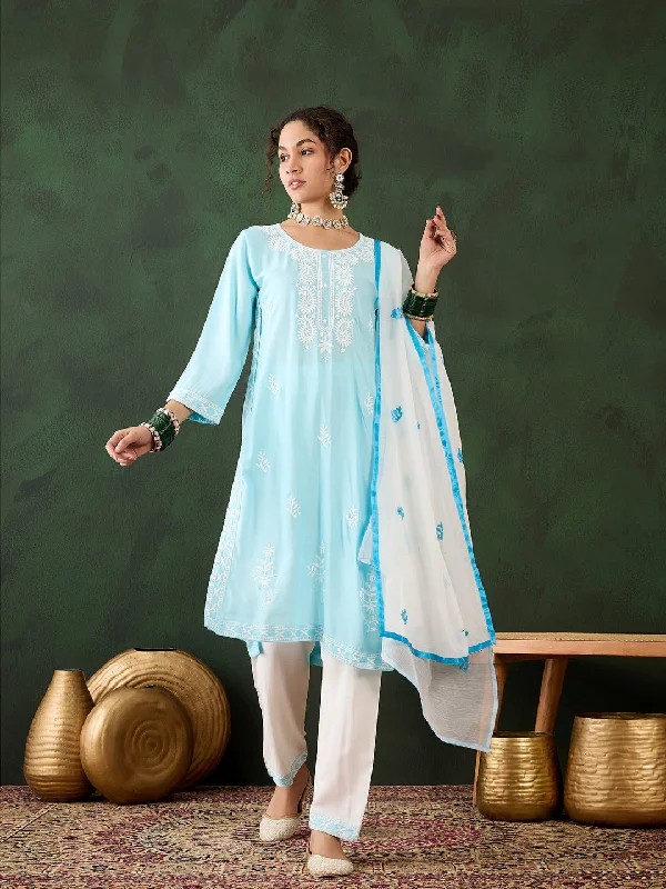 Sky Blue Attractive Looking Pant Suit With Designer Chikankari Embroidery Work Fashionable Track Pants Sky Blue Attractive Looking Pant Suit With Designer Chikankari Embroidery Work Fashionable Track Pants