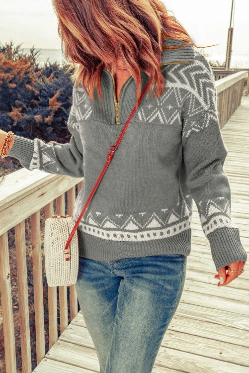 Aztec Zip Up Sweater - Gray Satin Blend Silk Blend Wool Blend