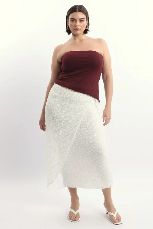 White Stretch Lace Wrap Maxi Skirt ruffled skirt detail