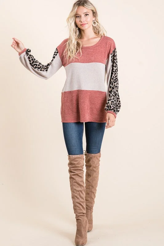 Leopard Sleeve Sweater Knit Top - Rust Real Fur Shearling Chenille