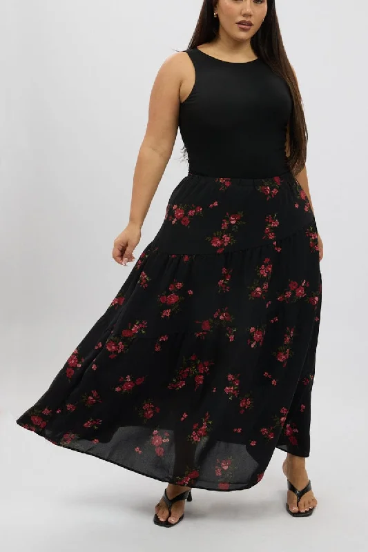 Black Floral Maxi Skirt ribbed skirt waist