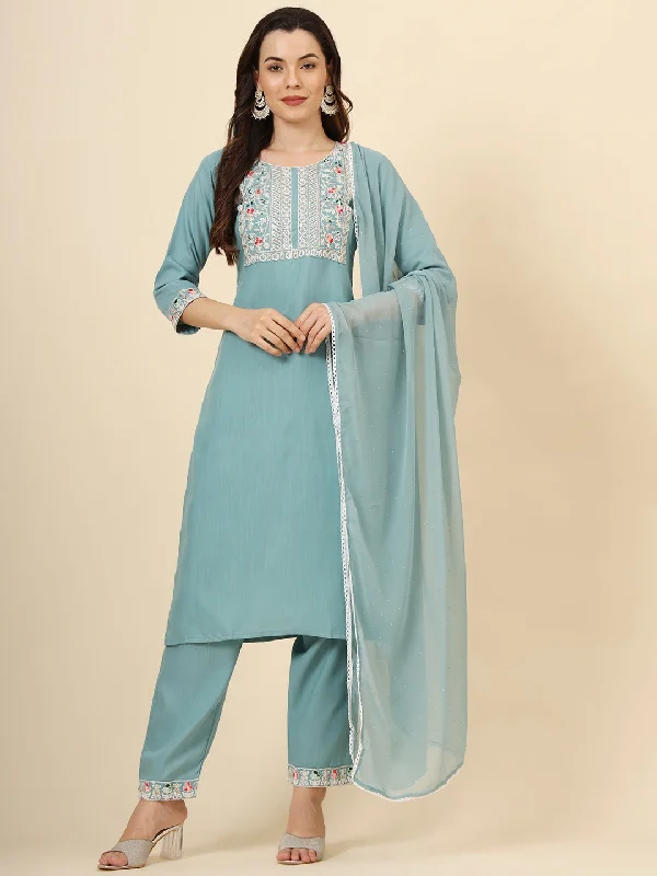 Blue Attractive Looking Readymade Pant Suit With Designer Embroidery Work Trendy High-Waist Trousers Blue Attractive Looking Readymade Pant Suit With Designer Embroidery Work Trendy High-Waist Trousers