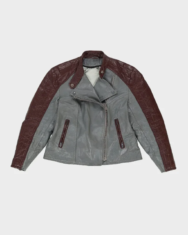 Burgundy And Grey Leather Biker Jacket - S Satin Jacket Silk Jacket Chiffon Jacket