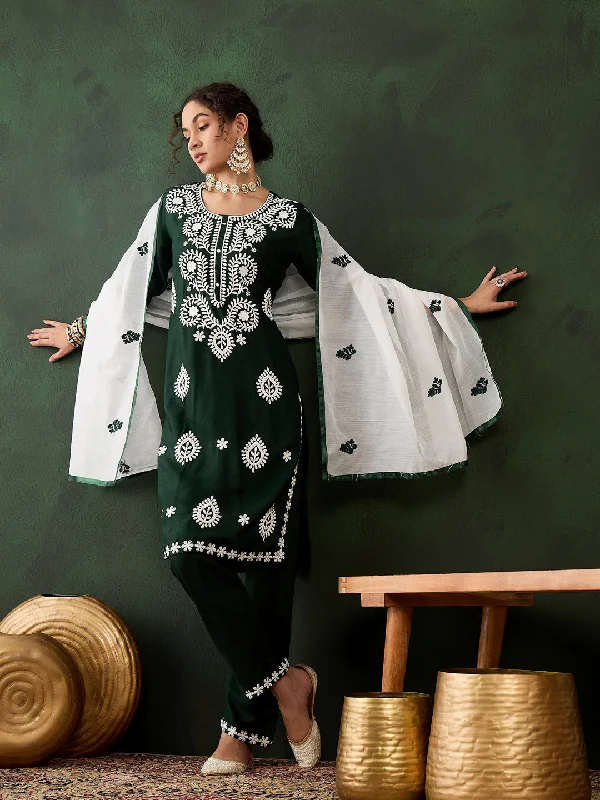 Green Designer Readymade Pant Suit With Chikankari Embroidery Work Classic Chino Pants Green Designer Readymade Pant Suit With Chikankari Embroidery Work Classic Chino Pants