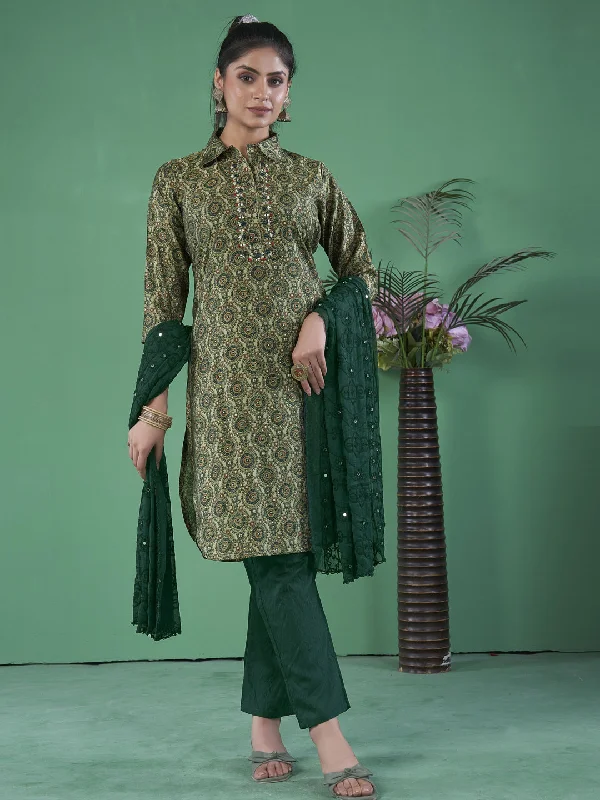 Green Designer Readymade Pant Suit With Printed Embroidery Work Sleek Black Pants