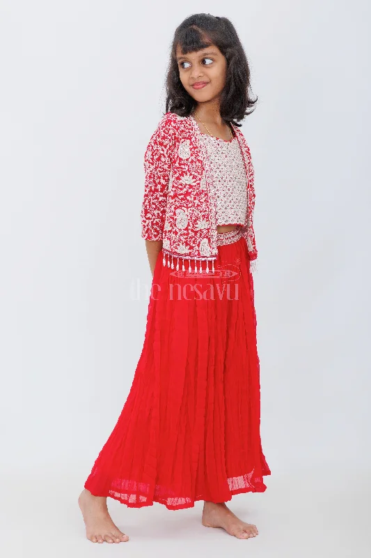 Girls Sharara Set in Red with Embroidered Jacket and Paisley Print Crop Top Wool Jacket Cashmere Jacket Tweed Jacket