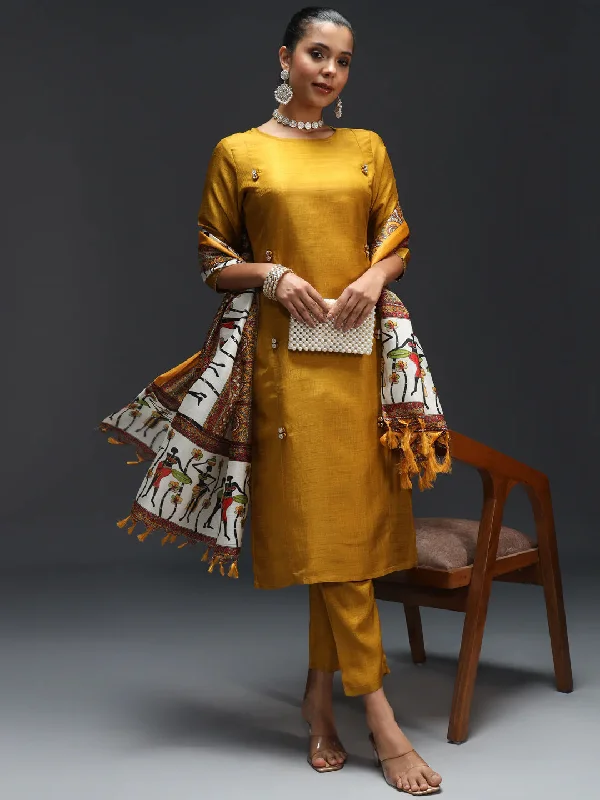 Yellow Designer Pant Suit With Embroidery Work Casual Wide Pants