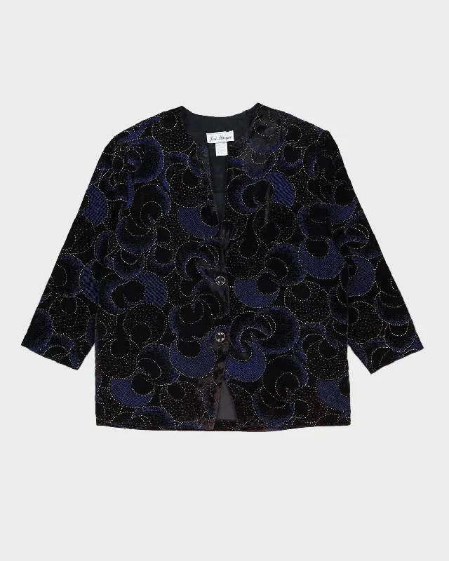 Blue And Black Patterned Velvet Jacket - L Collared Jacket Crew Neck Jacket Turtle Neck Jacket Blue And Black Patterned Velvet Jacket - L Collared Jacket Crew Neck Jacket Turtle Neck Jacket