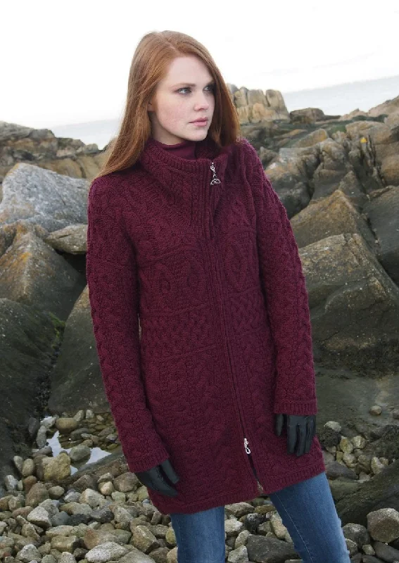 Double Collar Aran Sweater Coat | Wine Soft Cozy Warm