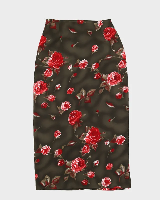 Vintage 90s SMW Rose Printed Maxi Skirt With Slit Side - M silk skirt sleek