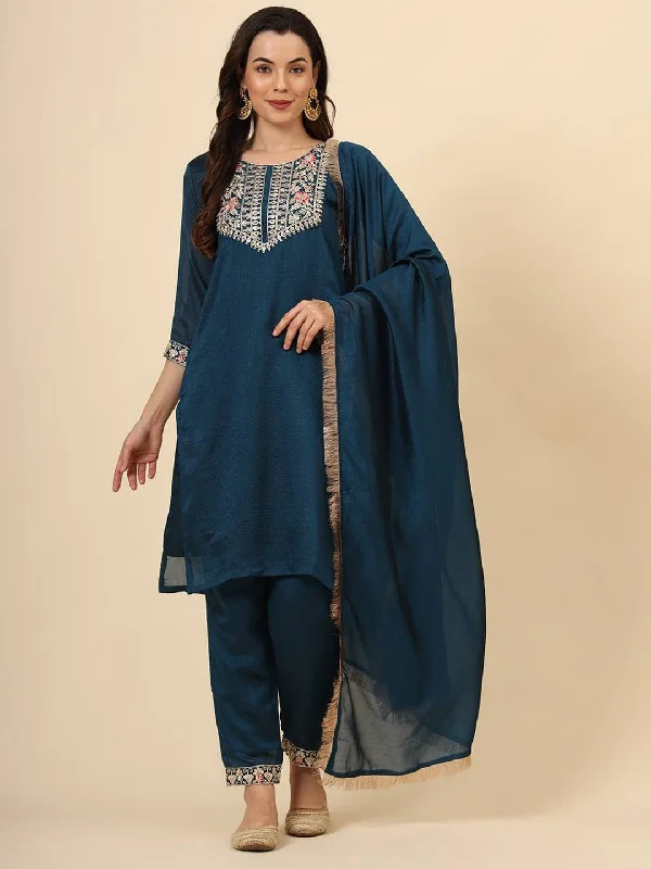 Teal Designer Readymade Pant Suit With Embroidery Work Trendy Velvet Pants