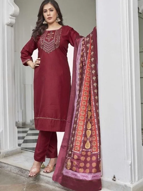 Maroon Trendy Designer Readymade Pant Suit With Embroidery Work Lightweight Linen Pants Maroon Trendy Designer Readymade Pant Suit With Embroidery Work Lightweight Linen Pants
