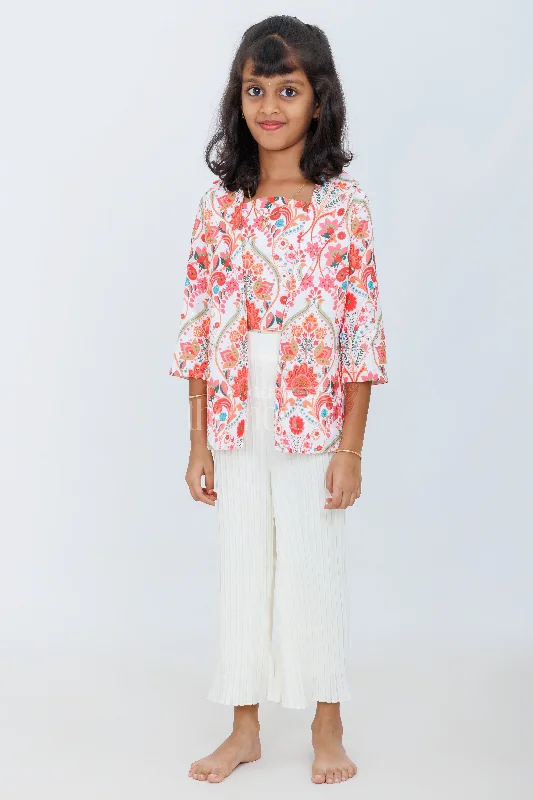 Girls Multicolor Floral Jacket with Cream Pleated Culottes for Daytime Outings and Casual Events Oversized Jacket Tailored Jacket Straight Jacket Girls Multicolor Floral Jacket with Cream Pleated Culottes for Daytime Outings and Casual Events Oversized Jacket Tailored Jacket Straight Jacket