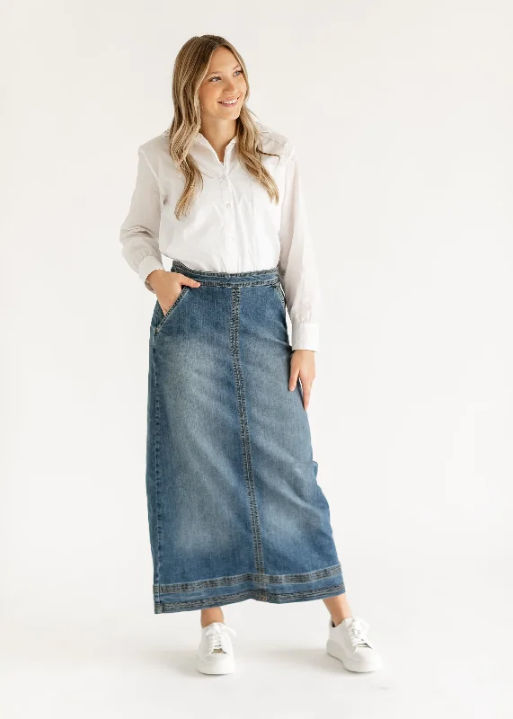 Sutton Side Zip A-line Denim Maxi Skirt wool skirt sturdy