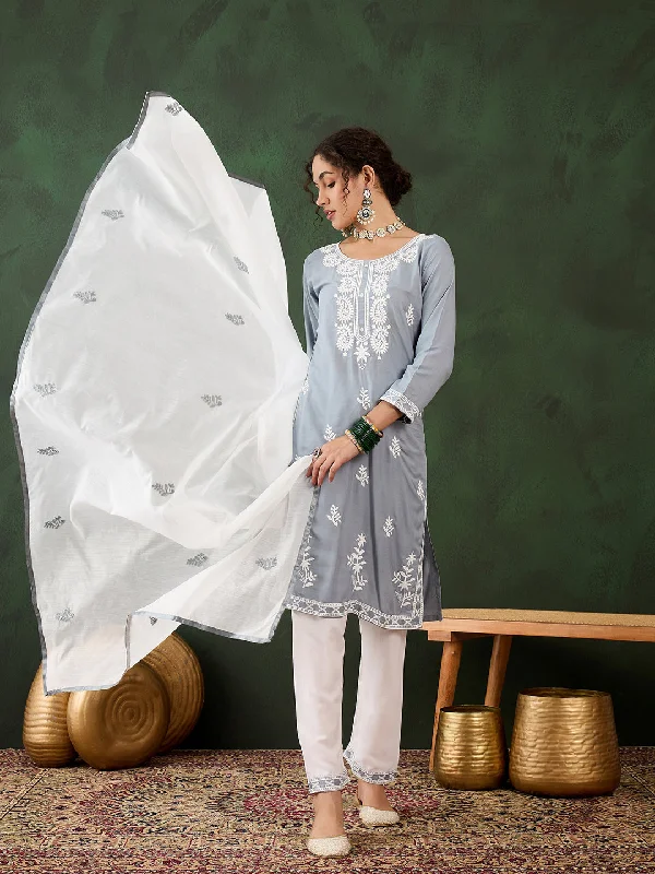 Grey Attractive Looking Pant Suit With Designer Chikankari Embroidery Work Classic Flared Pants Grey Attractive Looking Pant Suit With Designer Chikankari Embroidery Work Classic Flared Pants