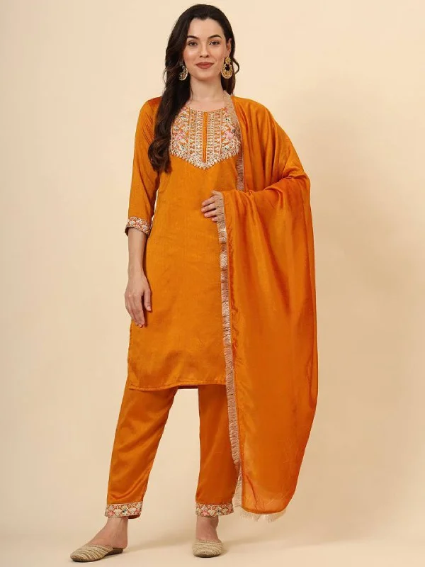 Orange Designer Readymade Pant Suit With Embroidery Work Comfortable Jogger Trousers Orange Designer Readymade Pant Suit With Embroidery Work Comfortable Jogger Trousers