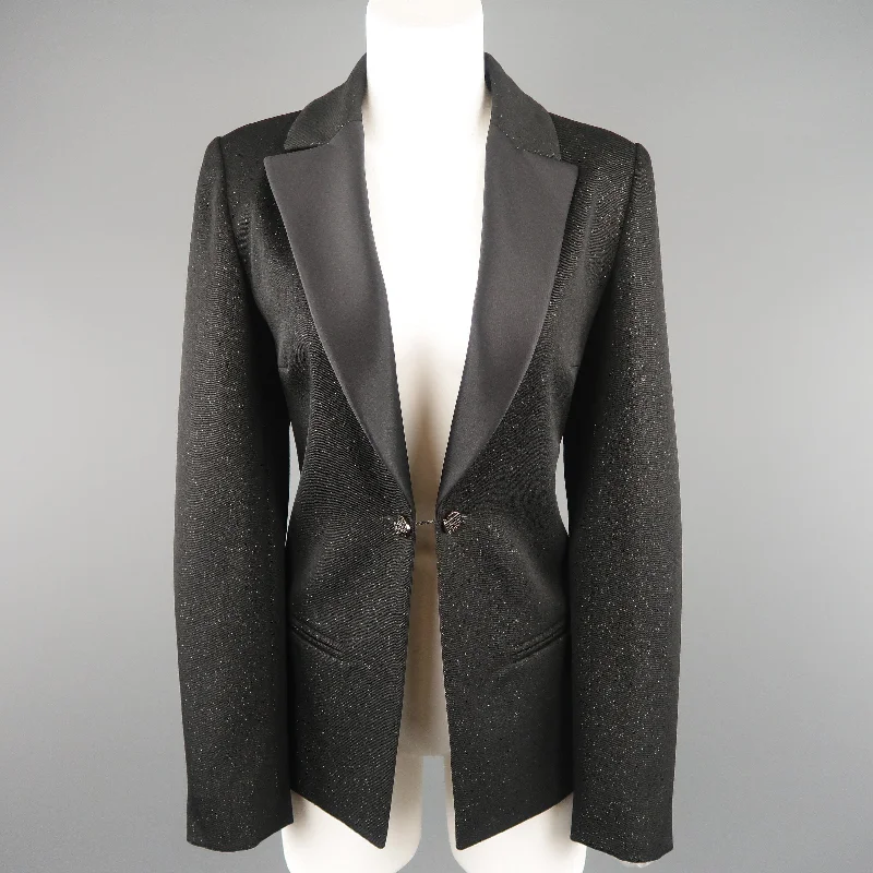 CHANEL Size 10 Black Sparkle Twill Satin Peak Lapel Tuxedo Jacket Notch Collar Peter Pan Collar Cowl Neck CHANEL Size 10 Black Sparkle Twill Satin Peak Lapel Tuxedo Jacket Notch Collar Peter Pan Collar Cowl Neck