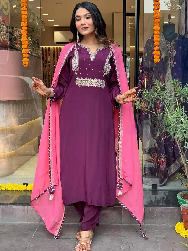 Wine Attractive Readymade Pant Suit With Designer Embroidery Work Trendy Velvet Pants
