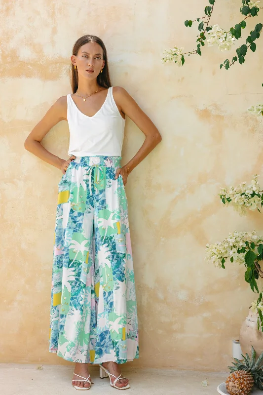 Maeve Aqua Blue Green Abstract Wide Leg Pants Elegant Silk Pants