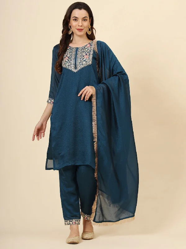 Teal Designer Looking Readymade Pant Suit With Embroidery Work Comfortable Denim Pants Teal Designer Looking Readymade Pant Suit With Embroidery Work Comfortable Denim Pants