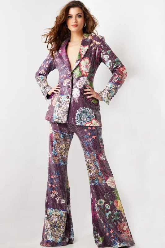 Jovani 26034 Sequin Long Floral Print Formal Pant Suit Soft Sweatpants Style