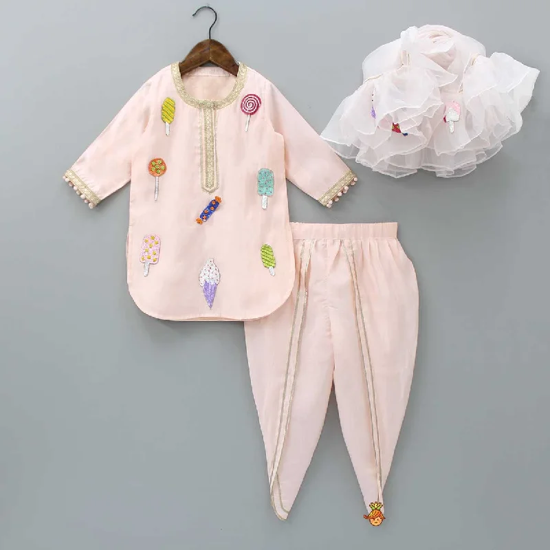Pre Order: Candies Embroidered Peach Kurti And Tulip Pant With Organza Ruffle Dupatta Formal Dress Pants