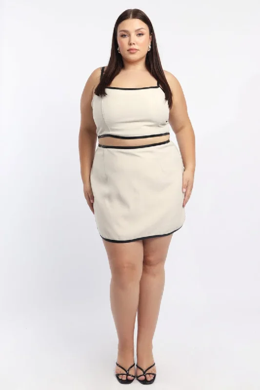 Beige Mini Skirt PU Trim silk skirt lustrous