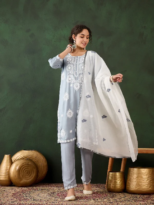 Grey Designer Readymade Pant Suit With Chikankari Embroidery Work Soft Wool Pants
