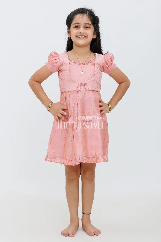 Girls Peach Viscose Silk Frock with Sleeveless Jacket and Flared Skirt for Special Occasions Toggled Jacket Drawstring Jacket Belted Jacket Girls Peach Viscose Silk Frock with Sleeveless Jacket and Flared Skirt for Special Occasions Toggled Jacket Drawstring Jacket Belted Jacket