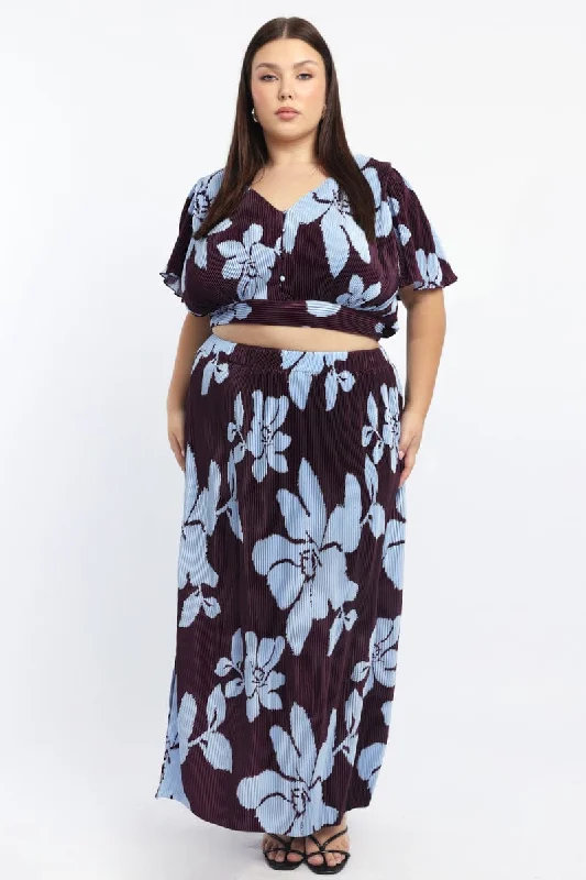 Purple Abstract Plisse Pleated Floral Print Maxi Skirt floral skirt print
