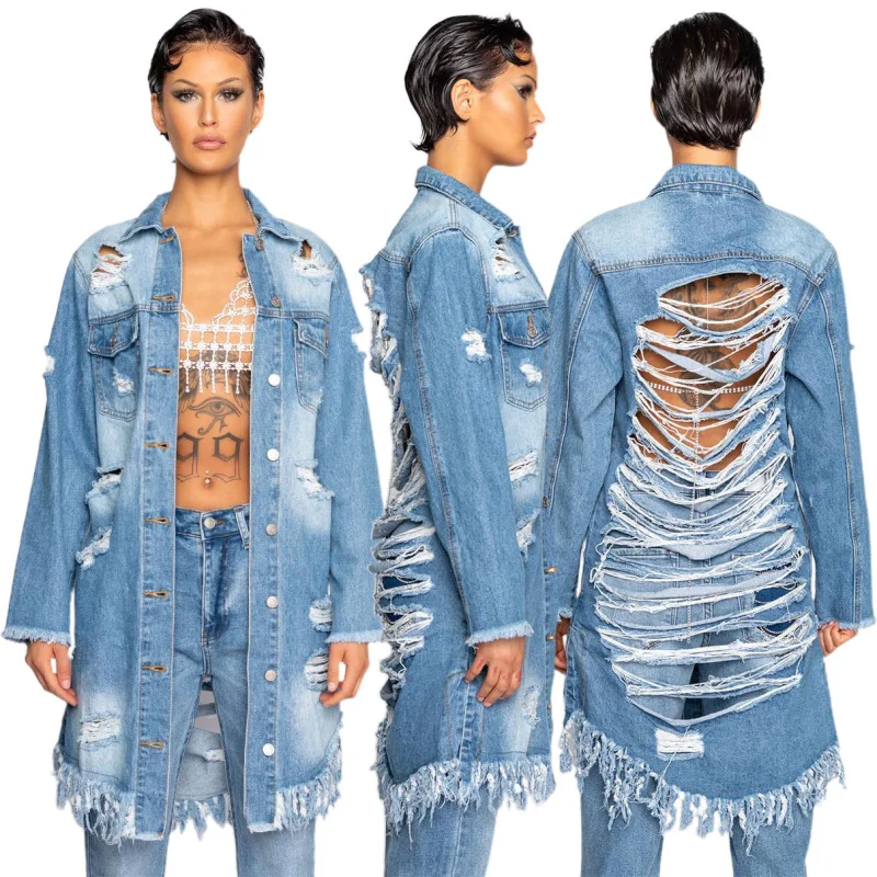 Women'S Fashion Ripped Fringed Long Sleeve Denim Jacket Nylon Jacket Polyester Jacket Spandex Jacket Women'S Fashion Ripped Fringed Long Sleeve Denim Jacket Nylon Jacket Polyester Jacket Spandex Jacket