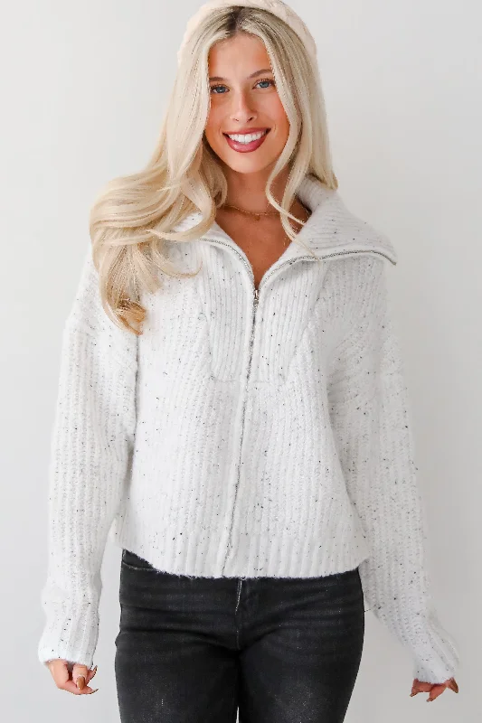 Cozy Agenda White Zip-Up Sweater Fleece Fabric Down Fabric Feather Fabric