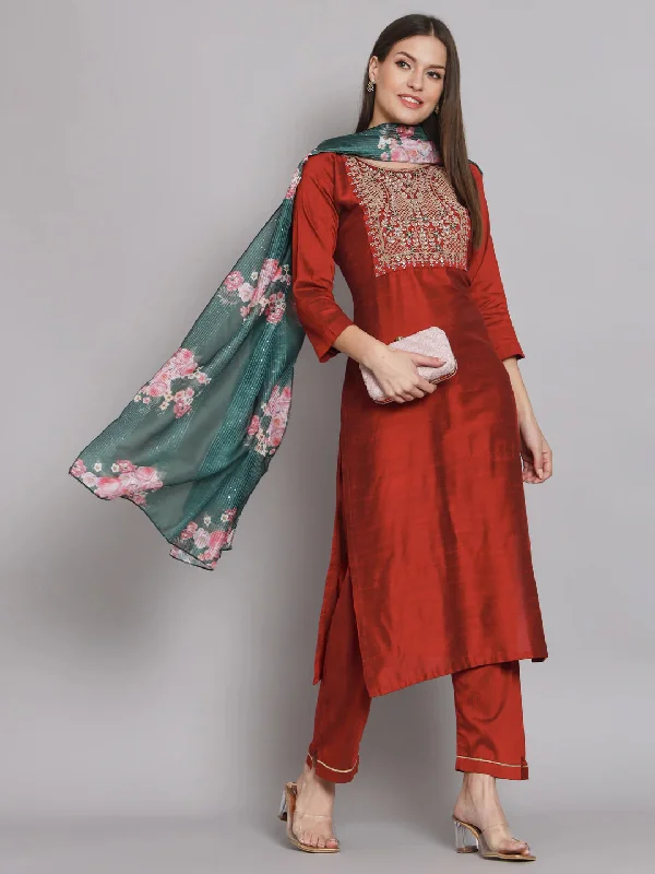 Maroon Trendy Designer Readymade Silk Blend Pant Suit With Embroidery Printed Work Comfortable Denim Trousers Maroon Trendy Designer Readymade Silk Blend Pant Suit With Embroidery Printed Work Comfortable Denim Trousers