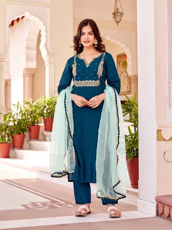 Teal Attractive Readymade Pant Suit With Designer Embroidery Work Chic Checkered Pants Teal Attractive Readymade Pant Suit With Designer Embroidery Work Chic Checkered Pants