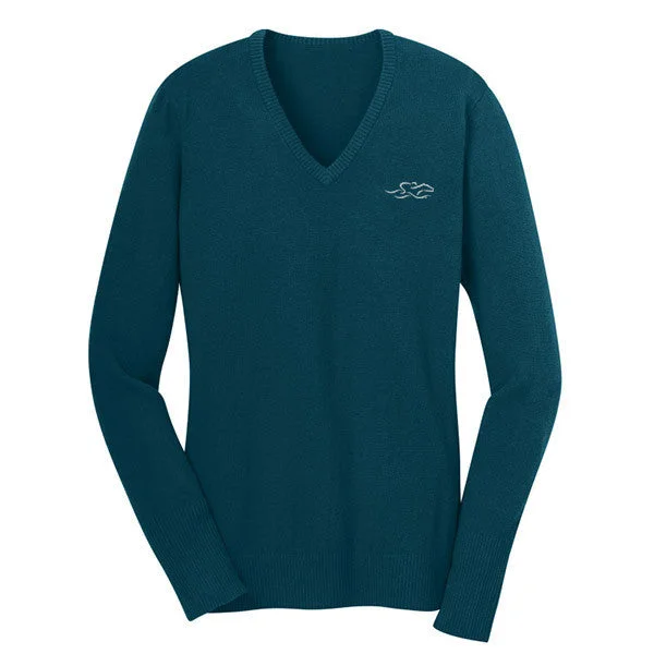 Fine Gauge V Neck Sweater - Turquoise Sequined Glittery Shiny