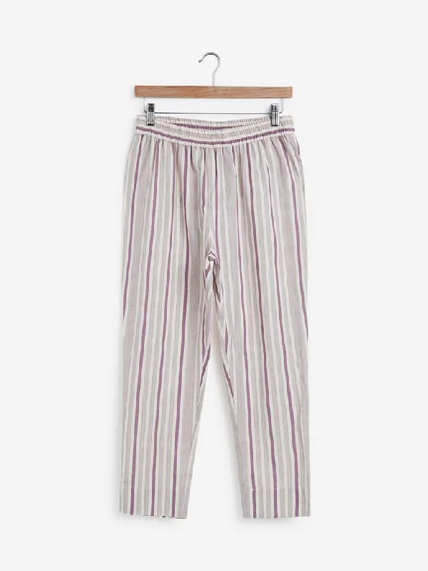 Utsa Lilac Striped Cropped Ethnic Pants Comfortable Pleated Pants