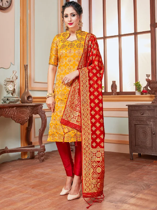 Yellow Banarasi Silk Pant Suit With Wevon Design Casual Sweatpants Style