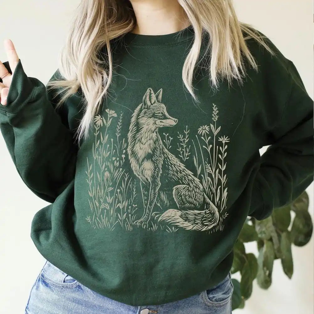 Wildflower Fox Sweatshirt Cottagecore Sweater Fitted Loose Oversized