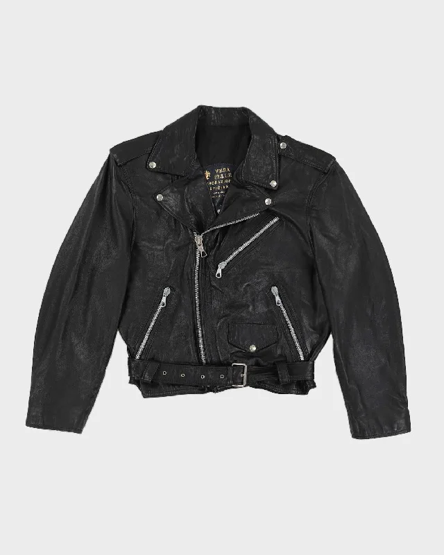 Y2K Black Leather Biker Jacket - M Snapped Jacket Toggled Jacket Drawstring Jacket