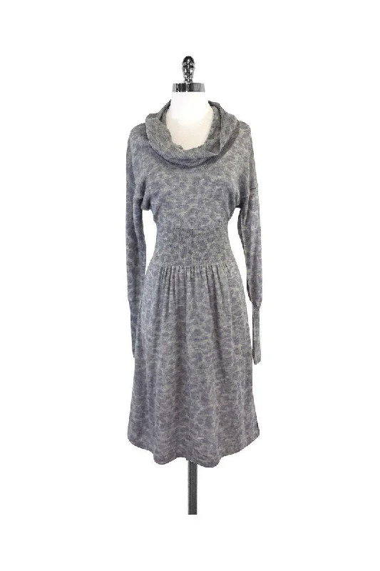 Rebecca Taylor - Grey Leopard Print Wool Sweater Dress Sz M Glossy Satin Silk