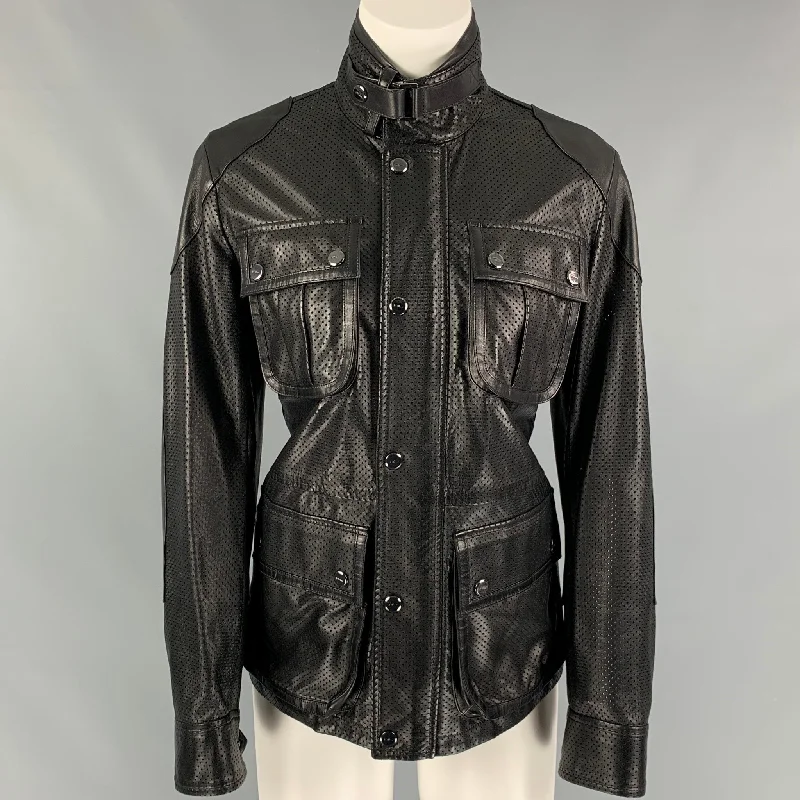 RALPH LAUREN Black Label Size 2 Black Leather Perforated Lambskin Jacket Bomber Jacket Anorak Windbreaker RALPH LAUREN Black Label Size 2 Black Leather Perforated Lambskin Jacket Bomber Jacket Anorak Windbreaker