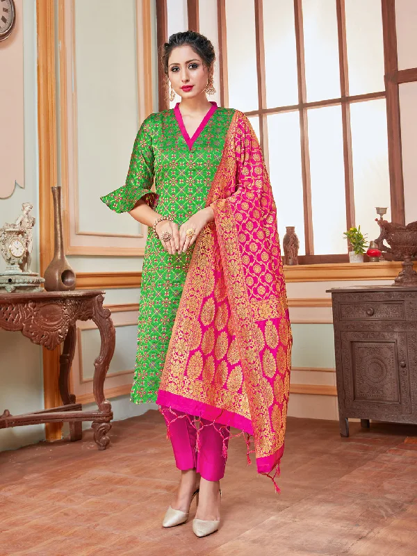Green Banarasi Silk Pant Suit With Wevon Design Soft Wool Pants