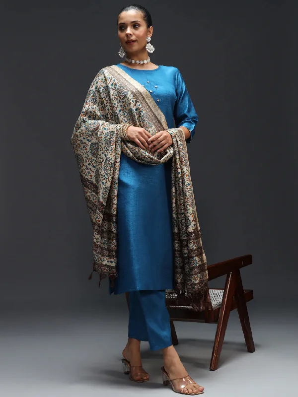 Blue Designer Pant Suit With Embroidery Work Cozy Fitted Pants